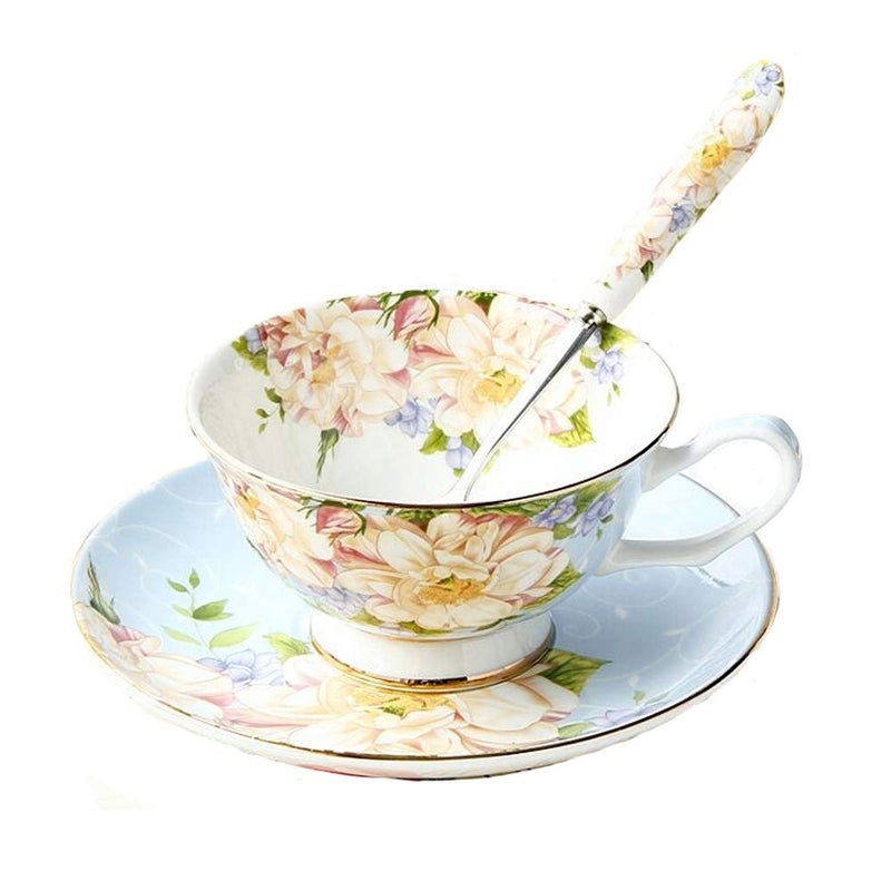 Gift Set Vintage Fine Bone China Tea cup Spoon and Saucer Set Gold Trim Fine Dining and Table DÃ©cor (Blue rose)